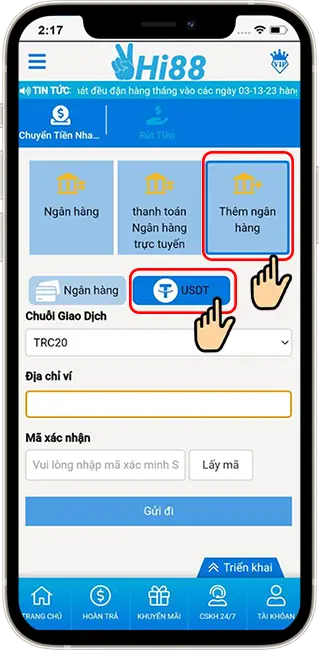 Bước 2: Chọn Thêm ngân hàng → Chọn USDT